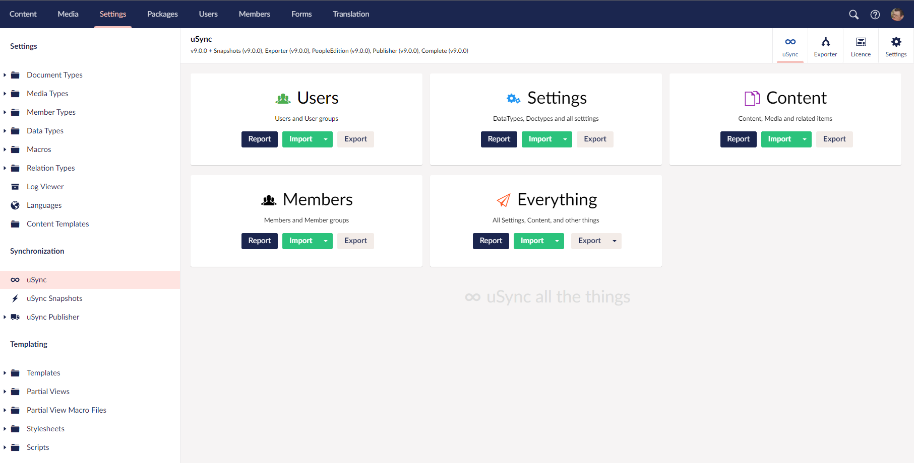 uSync dashboard