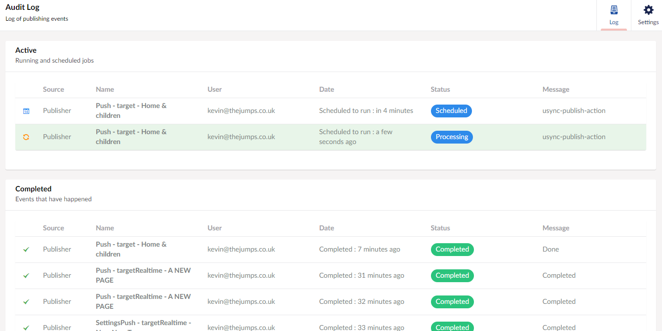 Audit log view of jobs