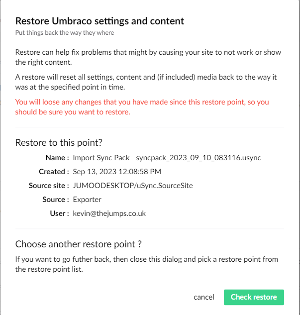 Restore point dialog