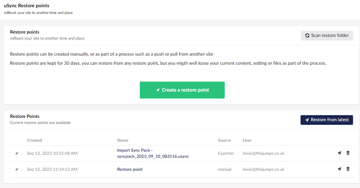 Restore point dashboard