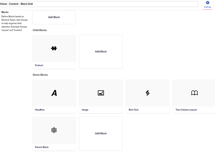 A merged block Grid, showing parent and child blocks in one