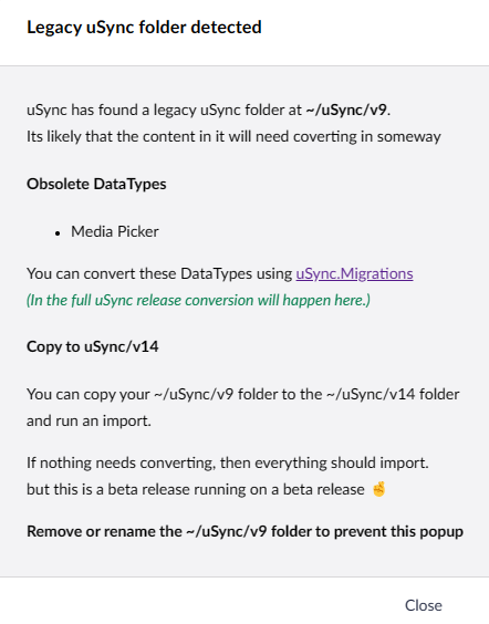 uSync beta legacy warning box