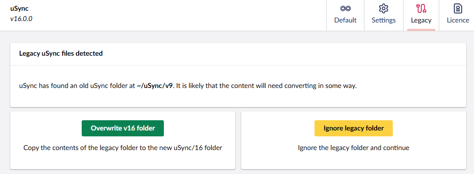 uSync's legacy dashboard.